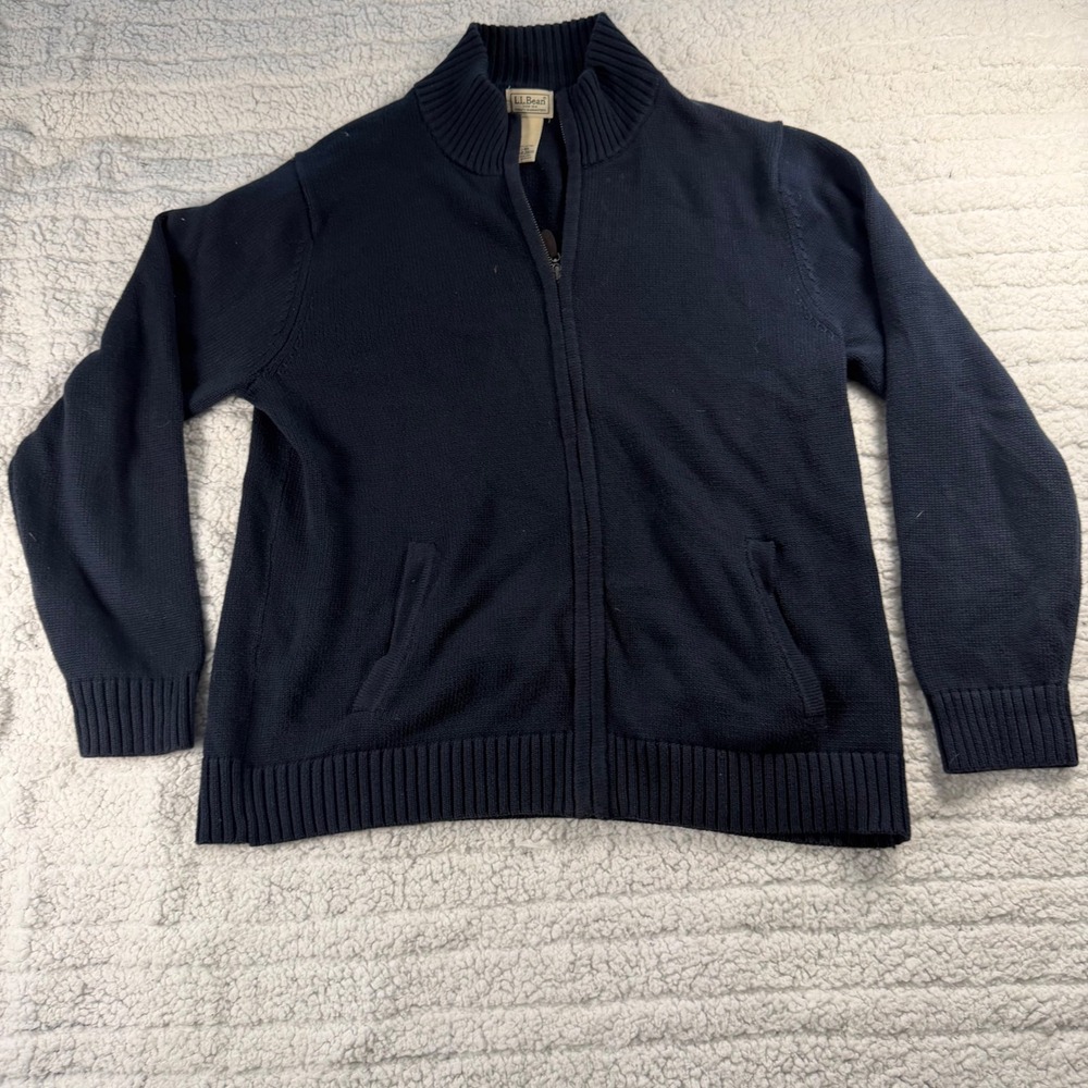 LL Bean Mens Large Full Zip Cardigan Sweater Navy Blue Cotton Ribbed Mock Neck